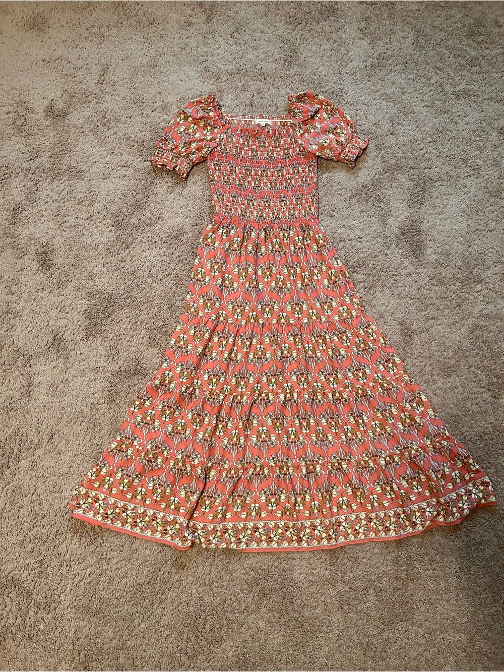 Max Studio Coral Floral Smocked Maxi Dress with Puff Sleeves
